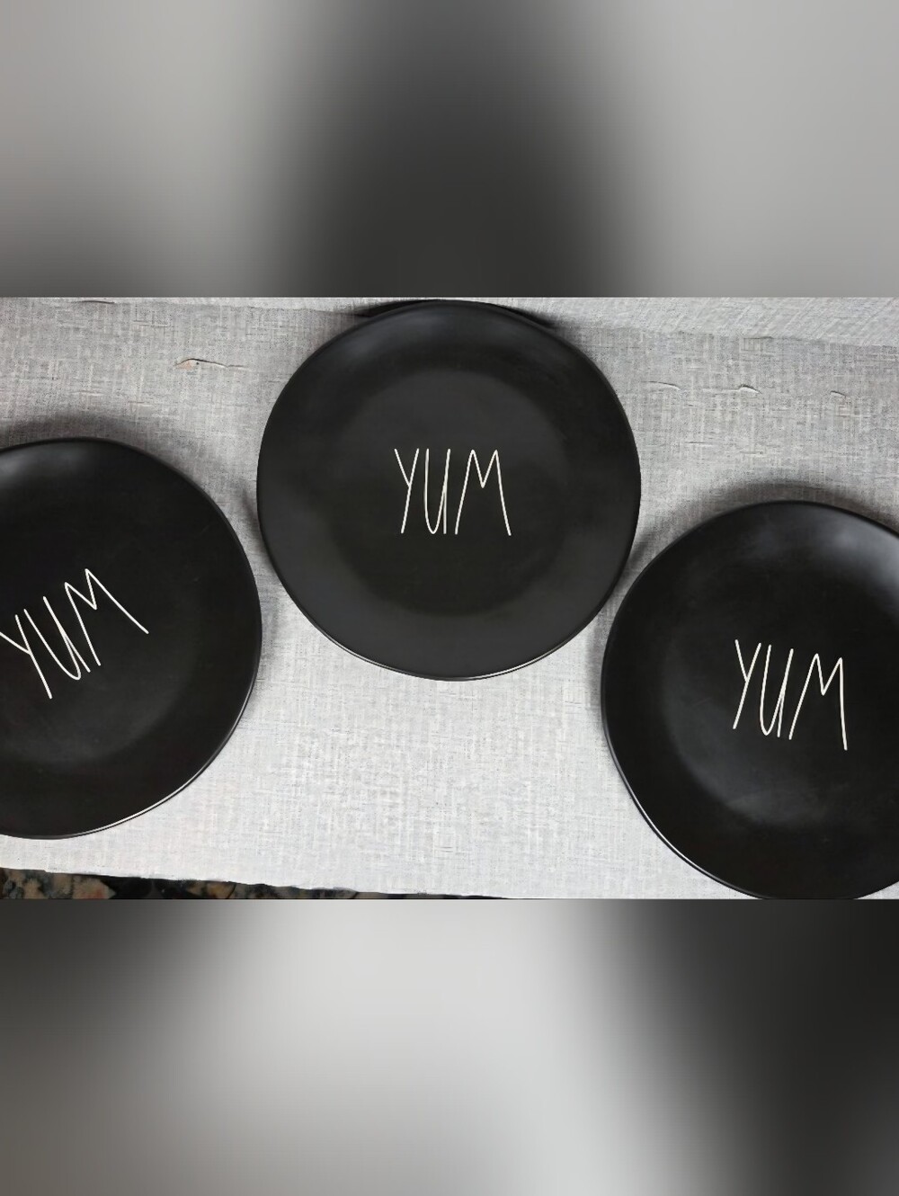 Set of 3 Rae Dunn "YUM" Black Ceramic Dinner Serving Plates 11" Farmhouse